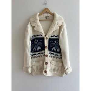 VTG 70s Silton California Cardigan Sweater L Cream Thunderbird Native Aztec Knit